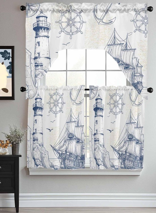 Jolunifun Retro Light-house Swag Kitchen Curtain Sets with Valance,3 Pieces Rod Pocket Curtain Drapes for Bedroom Bathroom Cafe Windows,Blue Ocean Coastal Nautical Anchor 56''x36''&24''x27.5''x2Panels - Image 3